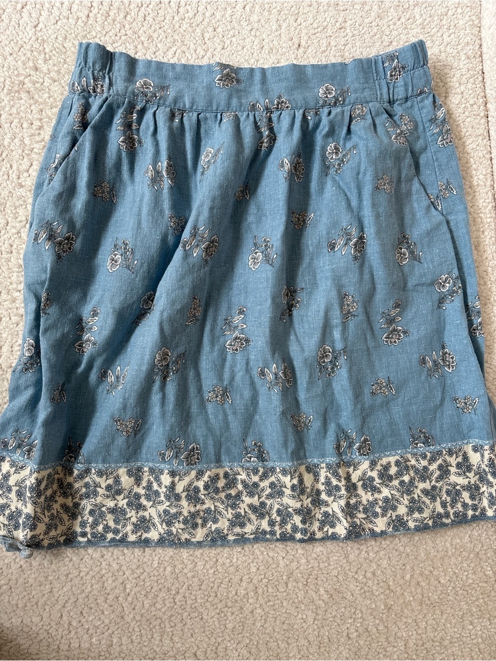 LOFT Blue Floral A-Line Skirt with Cream Border